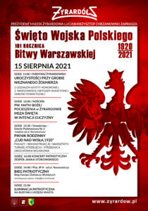 plakat z opisami wydarzenia i grafiką białego orła na czerwonym tle 